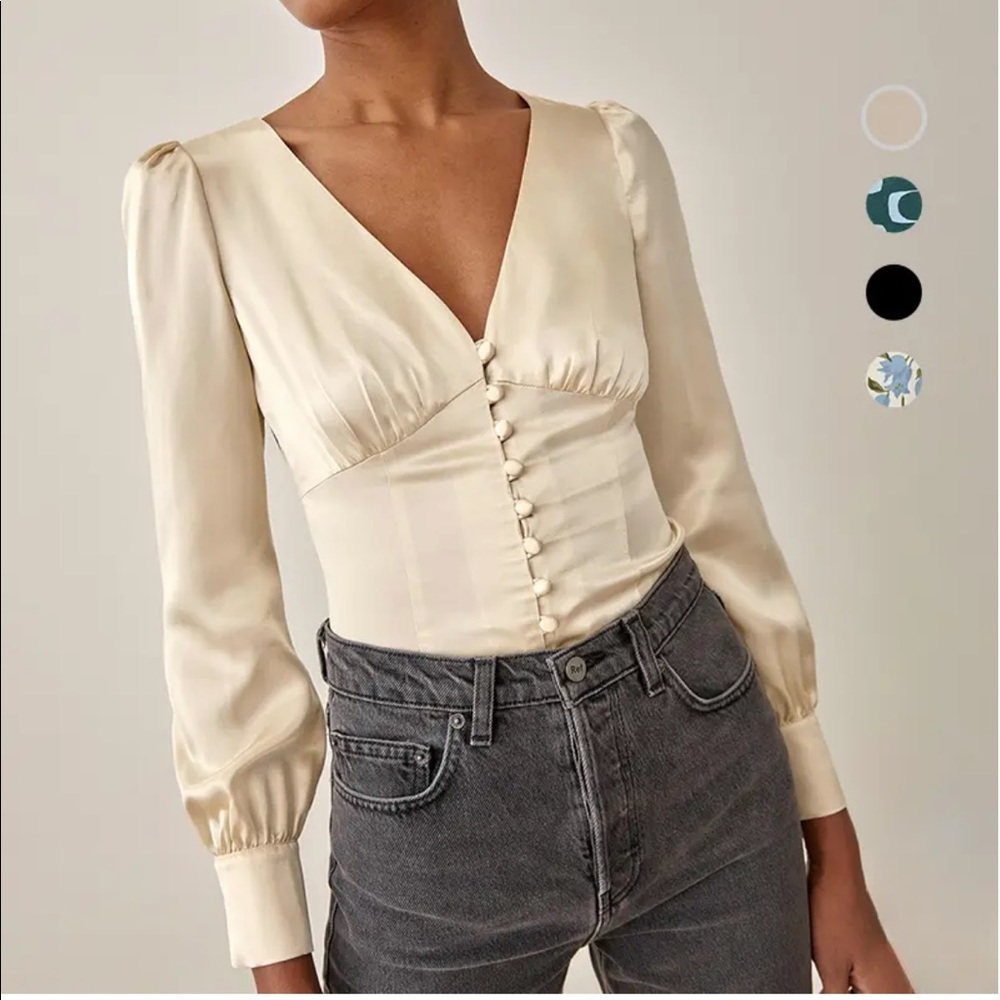 Reformation Silk Long Sleeve Blouse Top Champagne